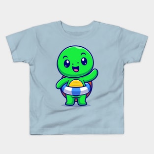 Cute Turtle Wearing Swimming Balloon And Waving Hand  Cartoon Kids T-Shirt